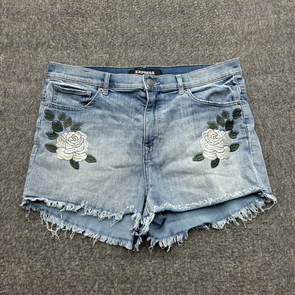 Express Shorts Womens Cut Off Denim 12 High Rise Light Floral Distressed Hem